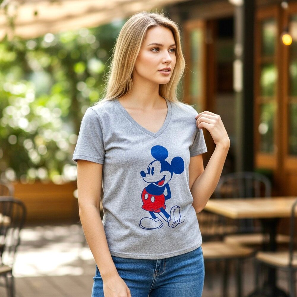 Disney Mickey Mouse Gray V-Neck T-Shirt Womens Large